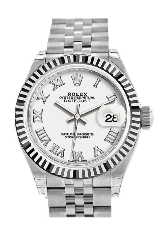 Rolex Datejust 28 White Roman Dial Fluted Bezel Steel Jubilee Ladies Watch 279174