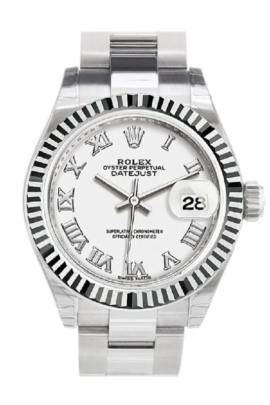 Rolex Datejust 28 White Roman Dial Fluted Bezel Steel Ladies Watch 279174