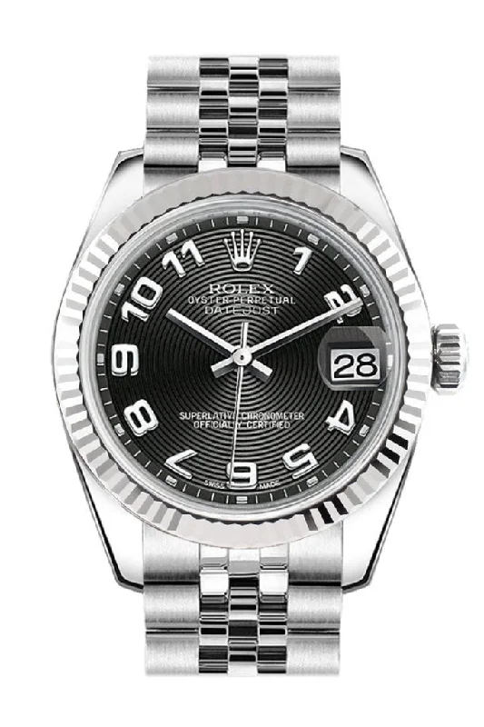 Rolex Datejust 31 Black concentric Arab Dial White Gold Fluted Bezel Jubilee Ladies Watch 178274 Pre-owned