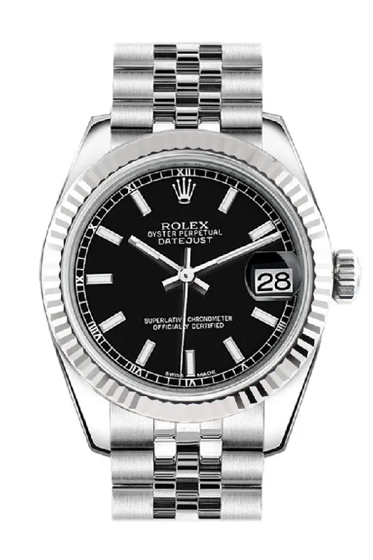 Rolex Datejust 31 Black Dial White Gold Fluted Bezel Jubilee Ladies Watch 178274 Pre-owned