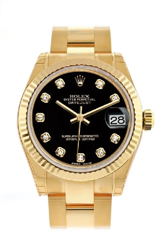 Rolex Datejust 31 Black Diamond Dial Fluted Bezel 18K Yellow Gold Ladies Watch 178278 Pre-owned