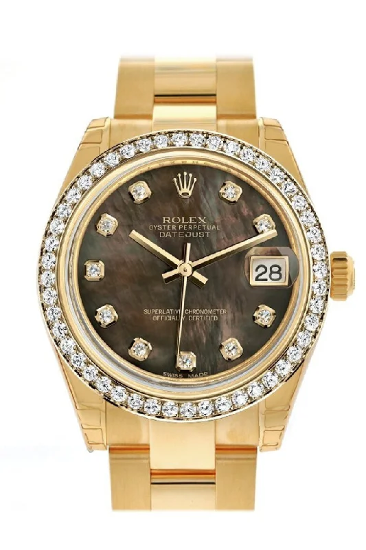 Rolex Datejust 31 Black Mother of Pearl Diamond Dial Diamond Bezel 18K Yellow Gold Ladies Watch 178288 Pre-owned