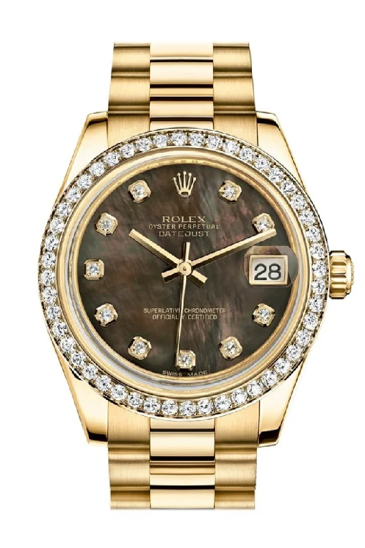 Rolex Datejust 31 Black Mother of Pearl Diamond Dial Diamond Bezel 18K Yellow Gold President Ladies Watch 178288 Pre-owned