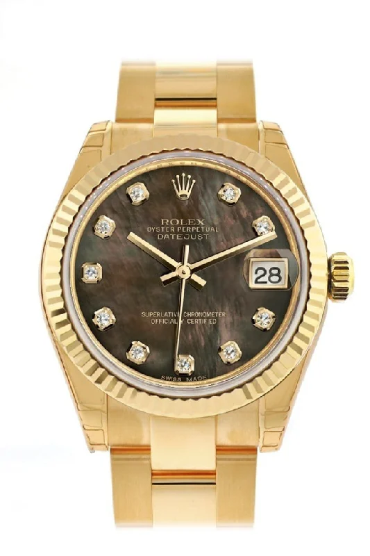 Rolex Datejust 31 Black Mother of Pearl Diamond Dial Fluted Bezel 18K Yellow Gold Ladies Watch 178278 Pre-owned