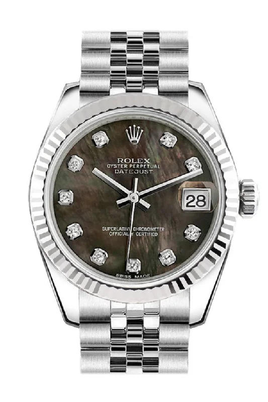 Rolex Datejust 31 Black Mother of Pearl Set Diamonds Dial White Gold Fluted Bezel Jubilee Ladies Watch 178274 Pre-owned