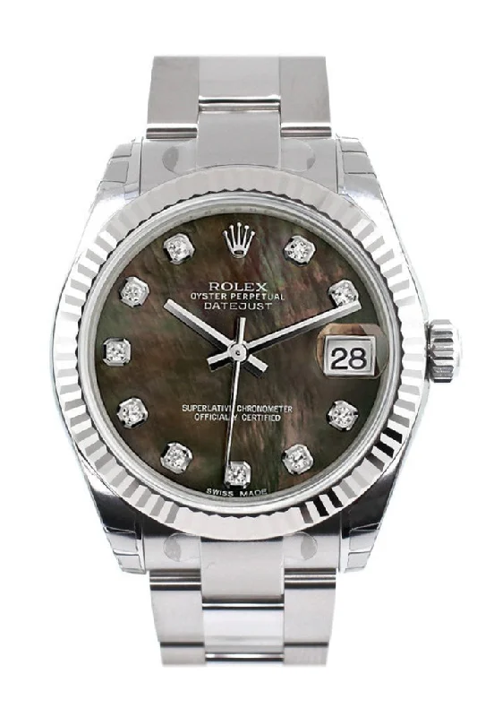 Rolex Datejust 31 Black Mother of Pearl Set Diamonds Dial White Gold Fluted Bezel Ladies Watch 178274 Pre-owned