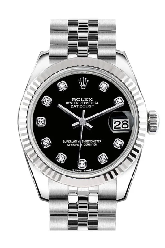 Rolex Datejust 31 Black Set Diamonds Dial White Gold Fluted Bezel Jubilee Ladies Watch 178274 Pre-owned