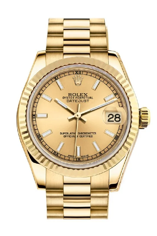 Rolex Datejust 31 Champagne Dial Fluted Bezel 18K Yellow Gold President Ladies Watch 178278 Pre-owned