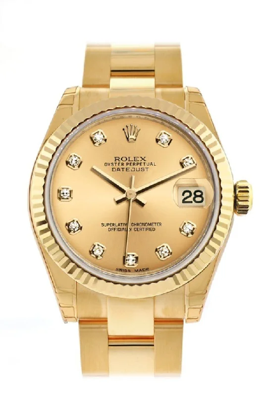 Rolex Datejust 31 Champagne Diamond Dial Fluted Bezel 18K Yellow Gold Ladies Watch 178278 Pre-owned