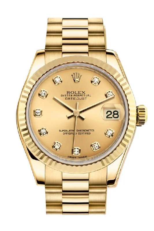 Rolex Datejust 31 Champagne Diamond Dial Fluted Bezel 18K Yellow Gold President Ladies Watch 178278 Pre-owned