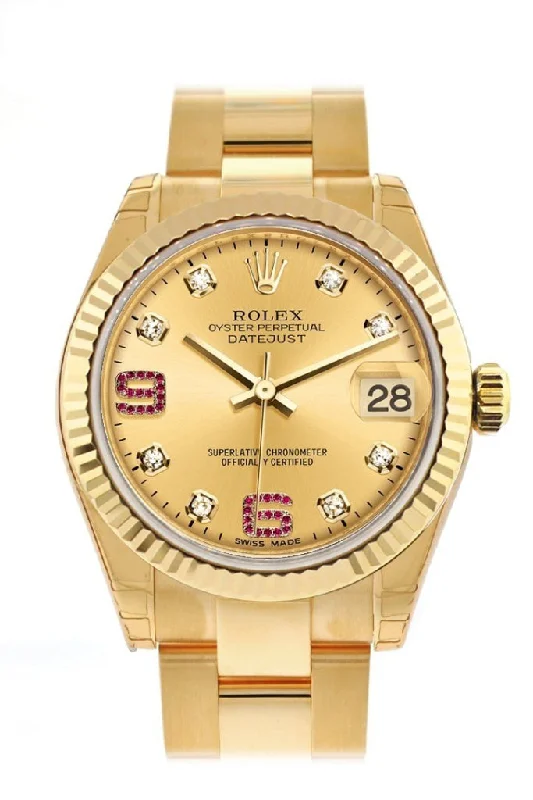 Rolex Datejust 31 Champagne Diamonds Rubies Dial Fluted Bezel 18K Yellow Gold Ladies Watch 178278 Pre-owned