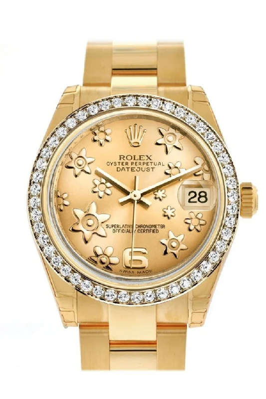 Rolex Datejust 31 Champagne Floral Motif Dial Diamond Bezel 18K Yellow Gold Ladies Watch 178288 Pre-owned