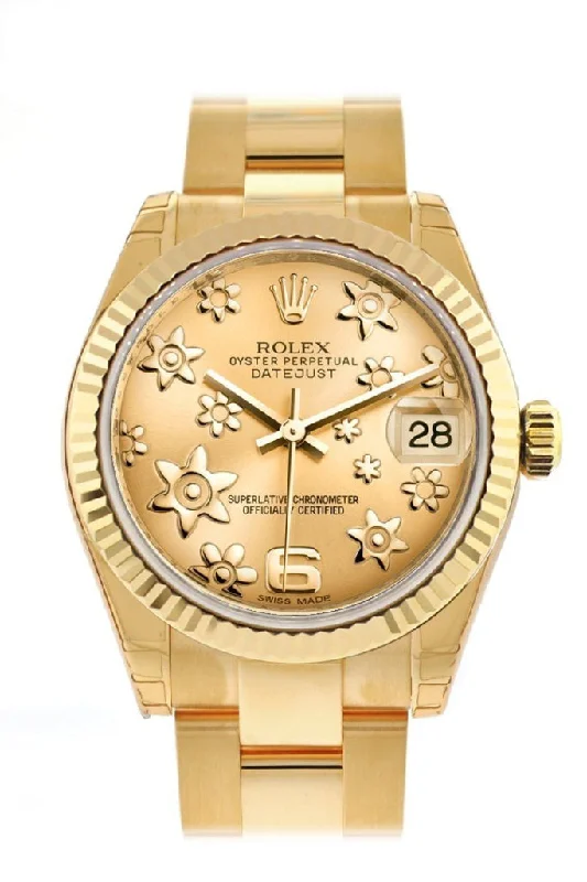 Rolex Datejust 31 Champagne Floral Motif Dial Fluted Bezel 18K Yellow Gold Ladies Watch 178278 Pre-owned