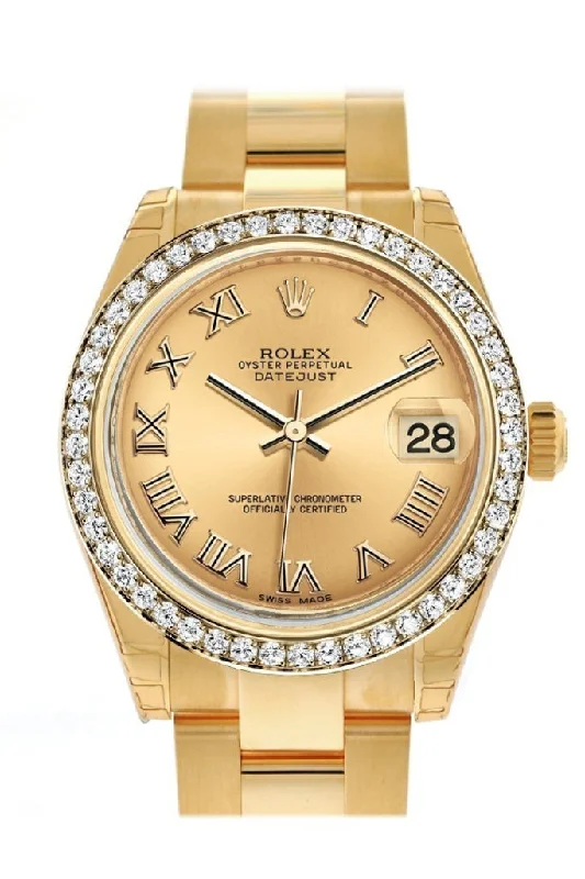 Rolex Datejust 31 Champagne Roman Dial Diamond Bezel 18K Yellow Gold Ladies Watch 178288 Pre-owned