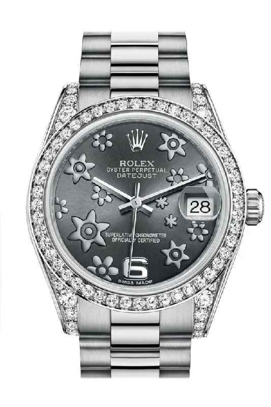 Rolex Datejust 31 Dark Rhodium Raised Floral Motif Dial Diamond Bezel Lug 18K White Gold President Watch 178159 Pre-owned