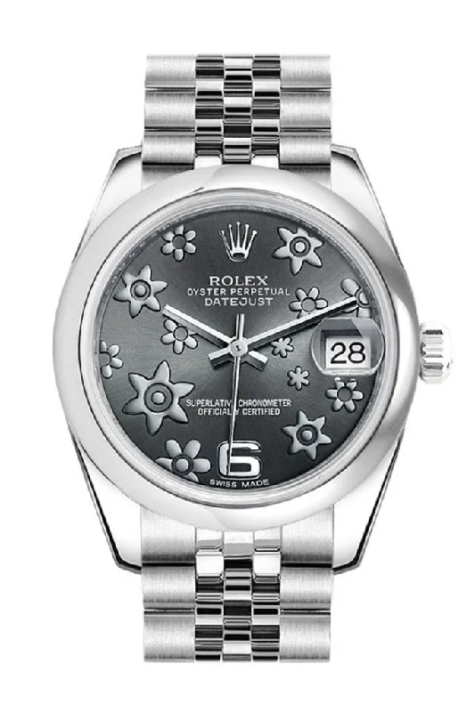 Rolex Datejust 31 Dark Rhodium Raised Floral Motif Dial Stainless Steel Jubilee Ladies Watch 178240 Pre-owned