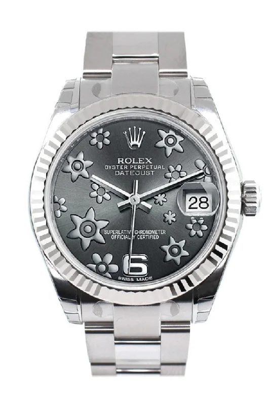 Rolex Datejust 31 Dark Rhodium Raised Floral Motif Dial White Gold Fluted Bezel Ladies Watch 178274 Pre-owned