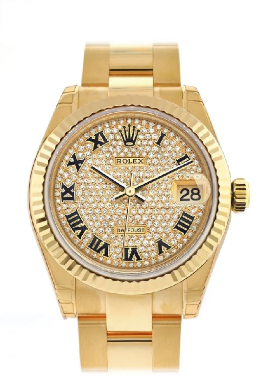 Rolex Datejust 31 Diamond Paved Dial Fluted Bezel 18K Yellow Gold Ladies Watch 178278 Pre-owned