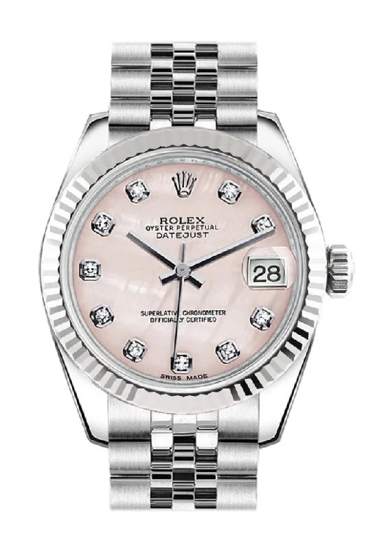 Rolex Datejust 31 Pink Mother of Pearl Set Diamonds Dial White Gold Fluted Bezel Jubilee Ladies Watch 178274 Pre-owned