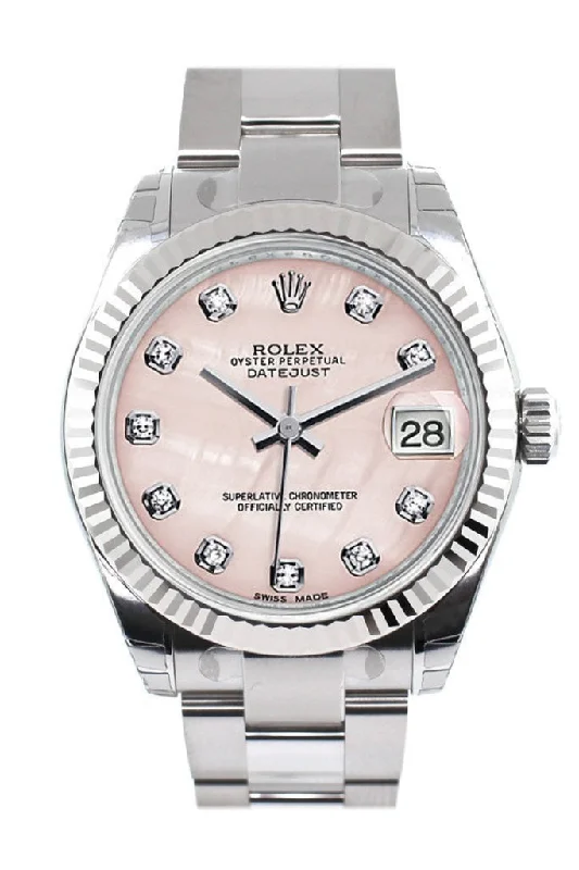 Rolex Datejust 31 Pink Mother of Pearl Set Diamonds Dial White Gold Fluted Bezel Ladies Watch 178274 Pre-owned