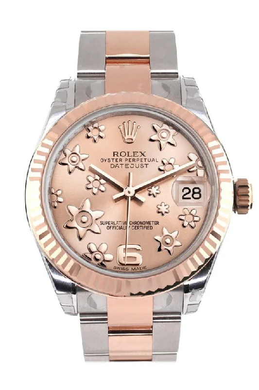 Rolex Datejust 31 Pink Raised Floral Motif Dial Fluted Bezel 18K Rose Gold Two Tone Ladies Watch 178271 Pre-owned