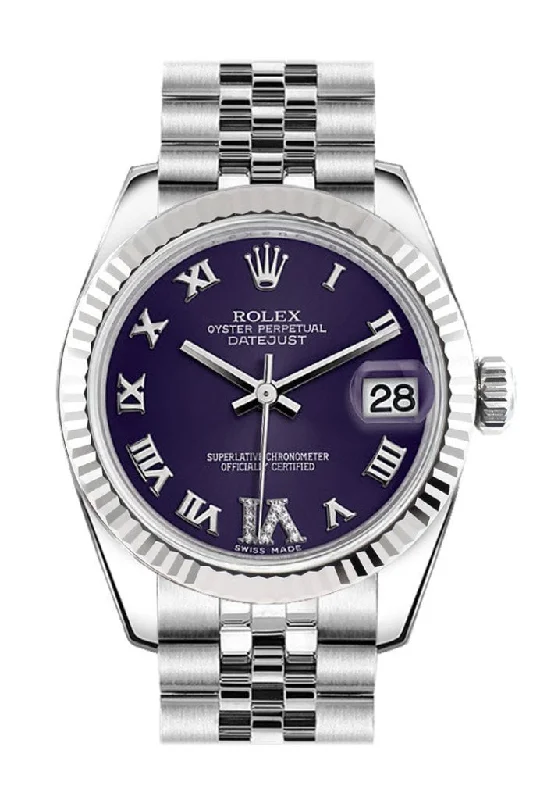 Rolex Datejust 31 Purple Roman Large VI Diamond Dial White Gold Fluted Bezel Jubilee Ladies Watch 178274 Pre-owned