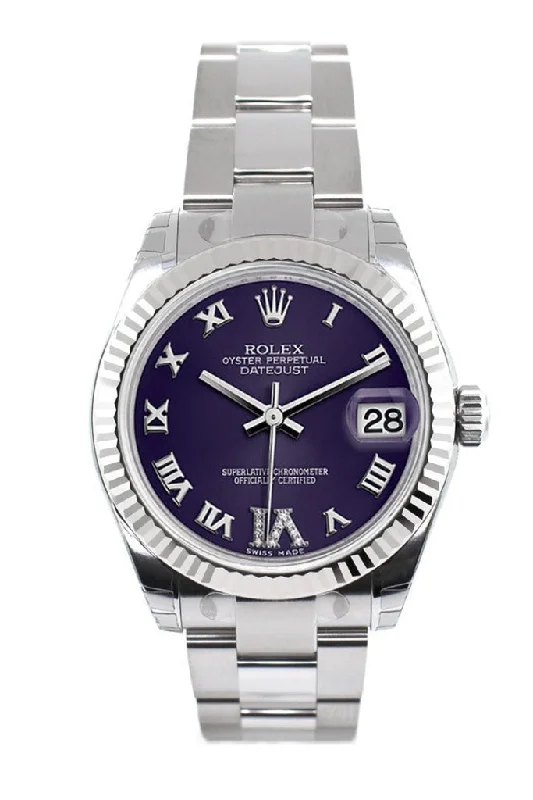 Rolex Datejust 31 Purple Roman Large VI set with Diamonds Dial White Gold Fluted Bezel Ladies Watch 178274 Pre-owned