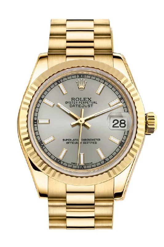 Rolex Datejust 31 Silver Dial Fluted Bezel 18K Yellow Gold President Ladies Watch 178278 Pre-owned