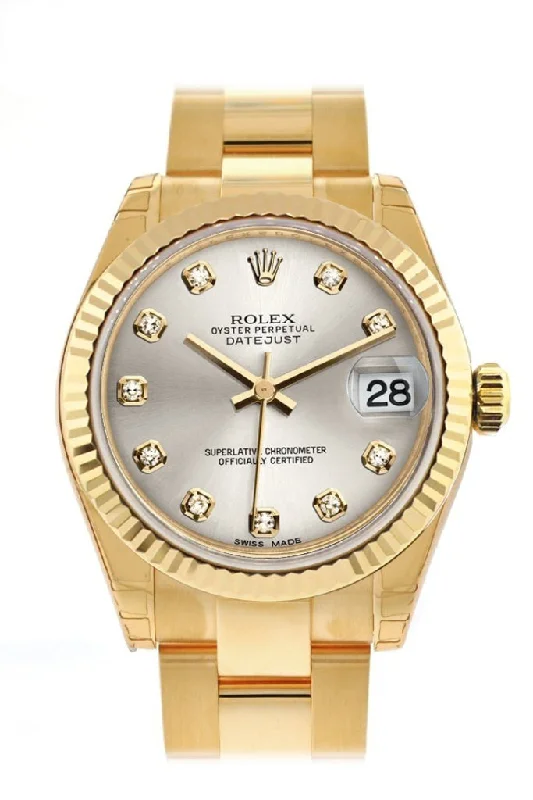 Rolex Datejust 31 Silver Diamond Dial Fluted Bezel 18K Yellow Gold Ladies Watch 178278 Pre-owned