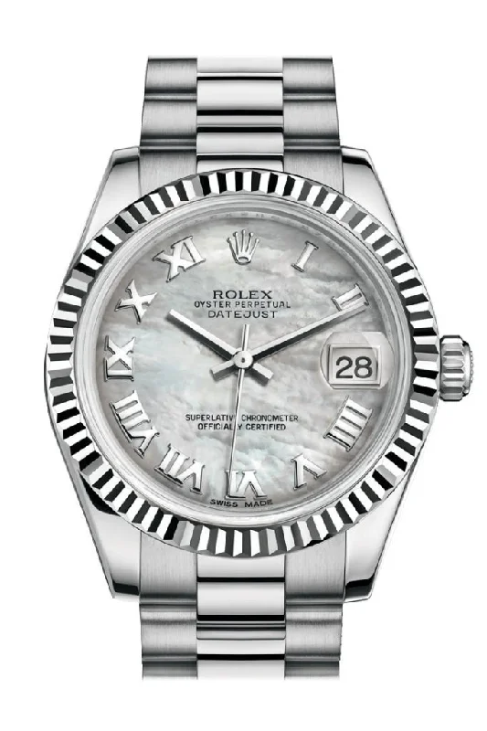 Rolex Datejust 31 White mother-of-pearl Roman Dial Fluted Bezel 18K White Gold President Ladies Watch 178279 Pre-owned