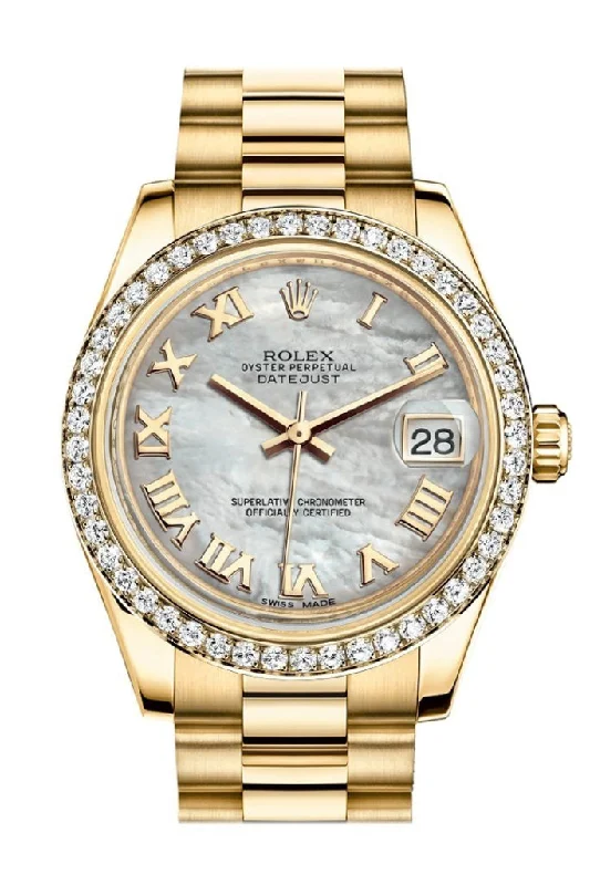 Rolex Datejust 31 White Mother of Pearl Roman Dial Diamond Bezel 18K Yellow Gold President Ladies Watch 178288 Pre-owned