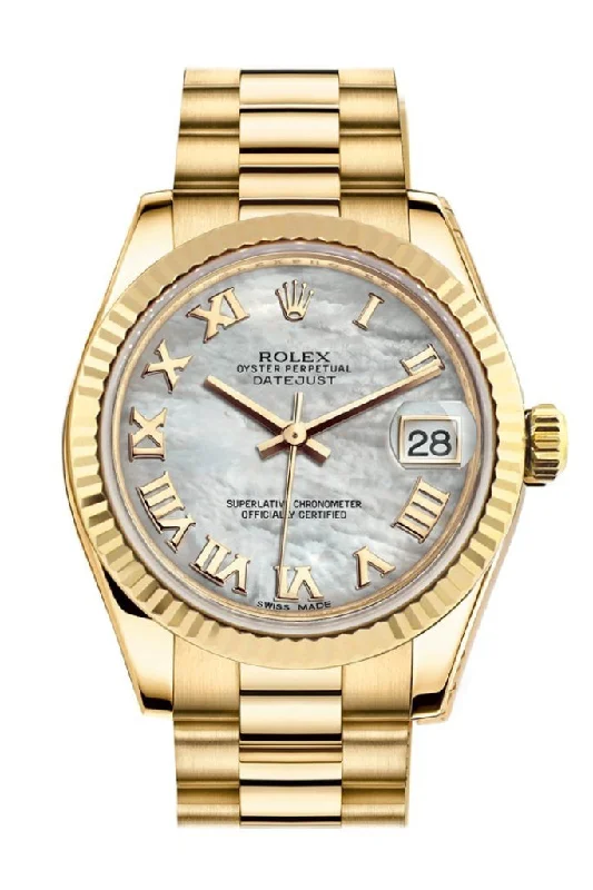 Rolex Datejust 31 White Mother of Pearl Roman Dial Fluted Bezel 18K Yellow Gold President Ladies Watch 178278 Pre-owned