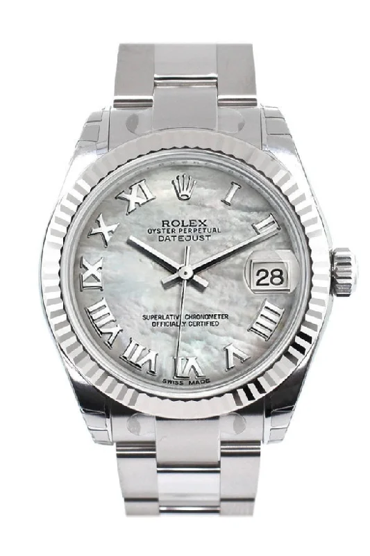 Rolex Datejust 31 White Mother of Pearl Roman Dial White Gold Fluted Bezel Ladies Watch 178274 Pre-owned