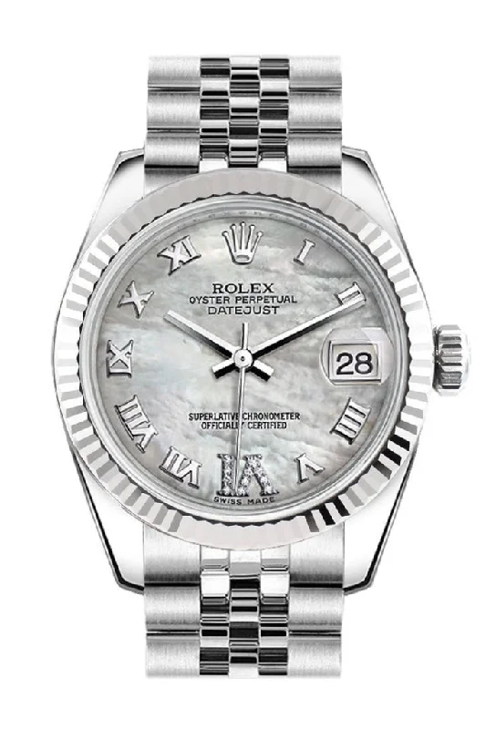 Rolex Datejust 31 White Mother of Pearl Roman Large VI Diamonds Dial White Gold Fluted Bezel Jubilee Ladies Watch 178274 Pre-owned