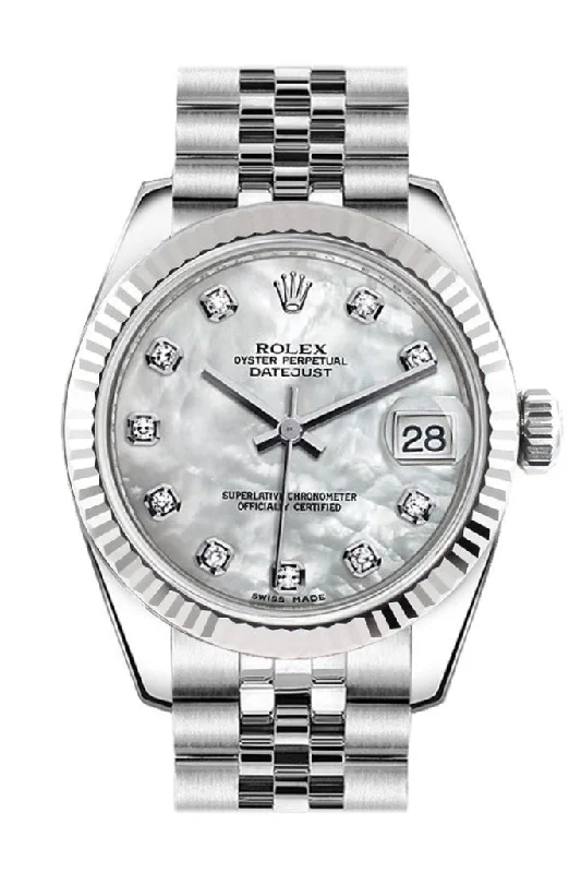 Rolex Datejust 31 White Mother of Pearl Set Diamonds Dial White Gold Fluted Bezel Jubilee Ladies Watch 178274 Pre-owned