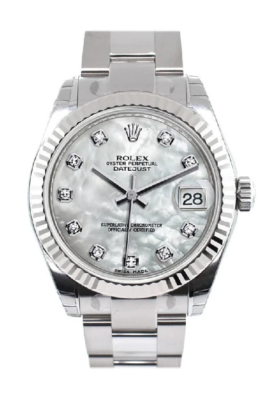 Rolex Datejust 31 White Mother of Pearl Set Diamonds Dial White Gold Fluted Bezel Ladies Watch 178274 Pre-owned